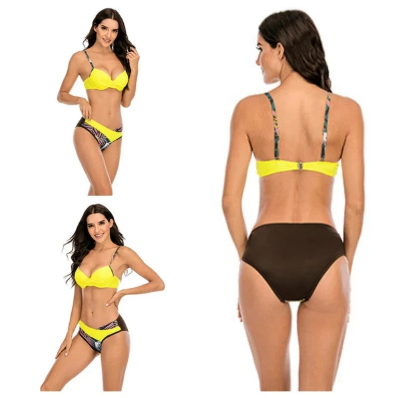 4 Colors Sexy Bikini Women Push Up Swimwear Swimsuit Leaf Print Patchwork Bikinis Set Bathing Suit Beach Bikini Female Biquinis