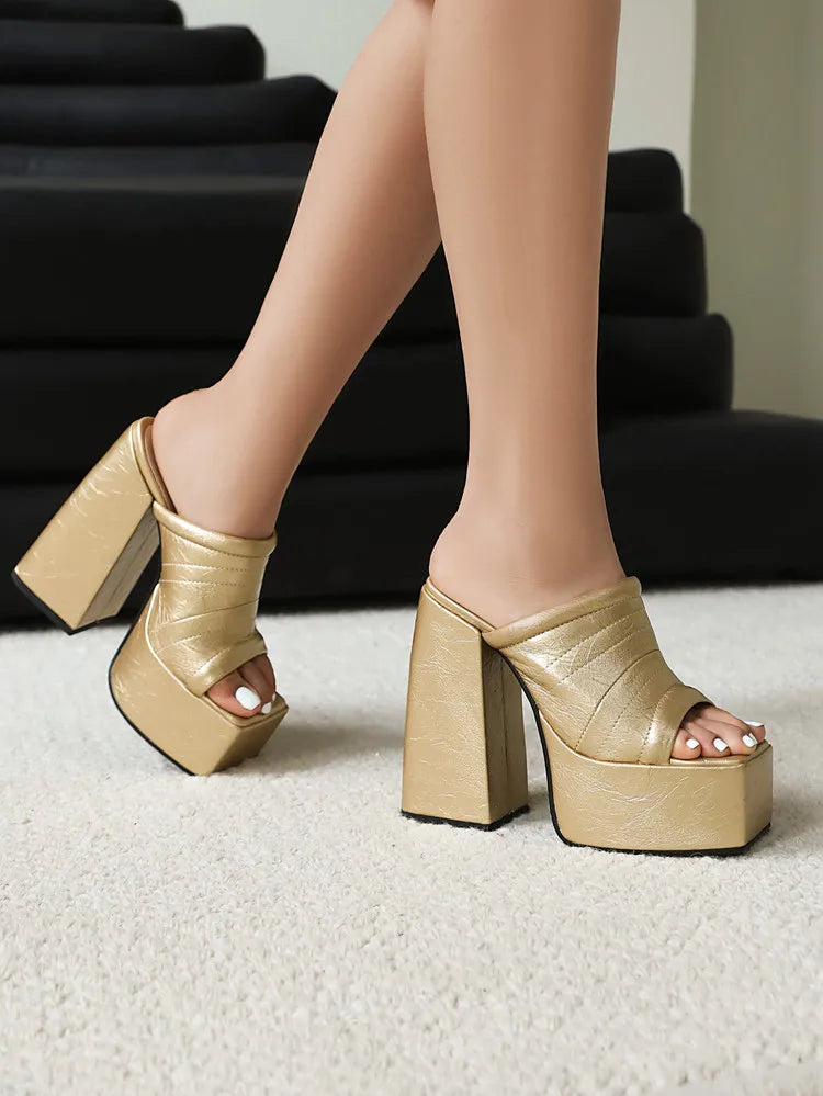 Sexy High Heels Women Slippers Platform 2026 Summer Slides Mules Shoes Leather Black White Red Sandals Large Size Brand