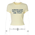 Woman Clothing Letter Print Short T-shirts Y2K Streetwear 2026 Summer O-neck Slim Fit Crop Tops Vacation Beach Tees Light Yellow