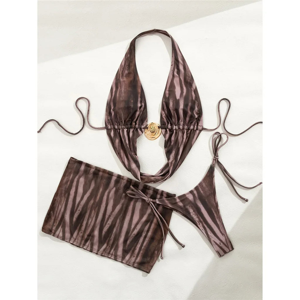 With Skirt Printed Halter Bikini Female Swimsuit Women Swimwear Padded Bather Bathing Suit Swim Three-pieces Bikini set K8087