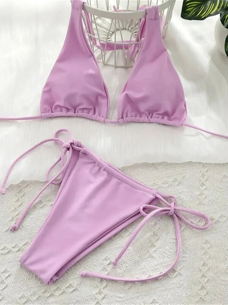 11 Colors Halter Mini Micro Thong Bikini Female Swimsuit Women Swimwear Two-pieces Bikini Set Bather Bathing Suit Swim Beachwear