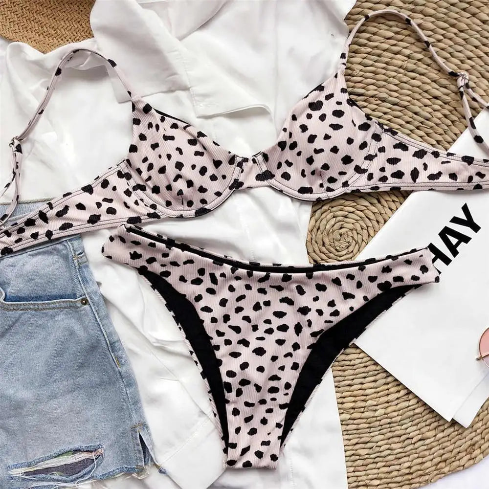 Sexy Leopard Bikini Swimsuit Female Swimwear Women Two-pieces Bikini set Underwired Bra Cup Bather Bathing Suit Swim Lady V2740