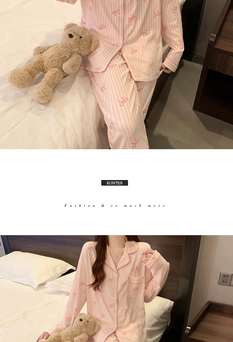 Spring Autumn New Women's Pajamas Long Sleeved Long Pants Sweet Printed 2-piece Set Casual Home Cardigan Nightgown