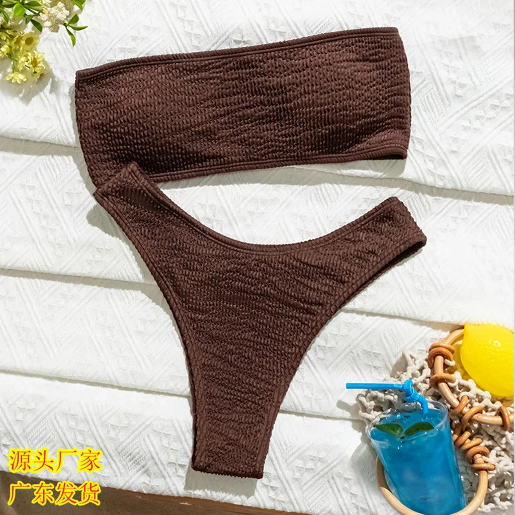 Bandeau Wrinkled Crinkled Bikini Female Swimsuit Women Swimwear Two-pieces Bikini set High Cut Bather Bathing Suit Swim V3314
