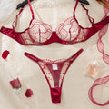 Valentine's Day romantic wine-red embroidered lingerie set - sexy see-through mesh gathered bra set of two pieces ZA825287