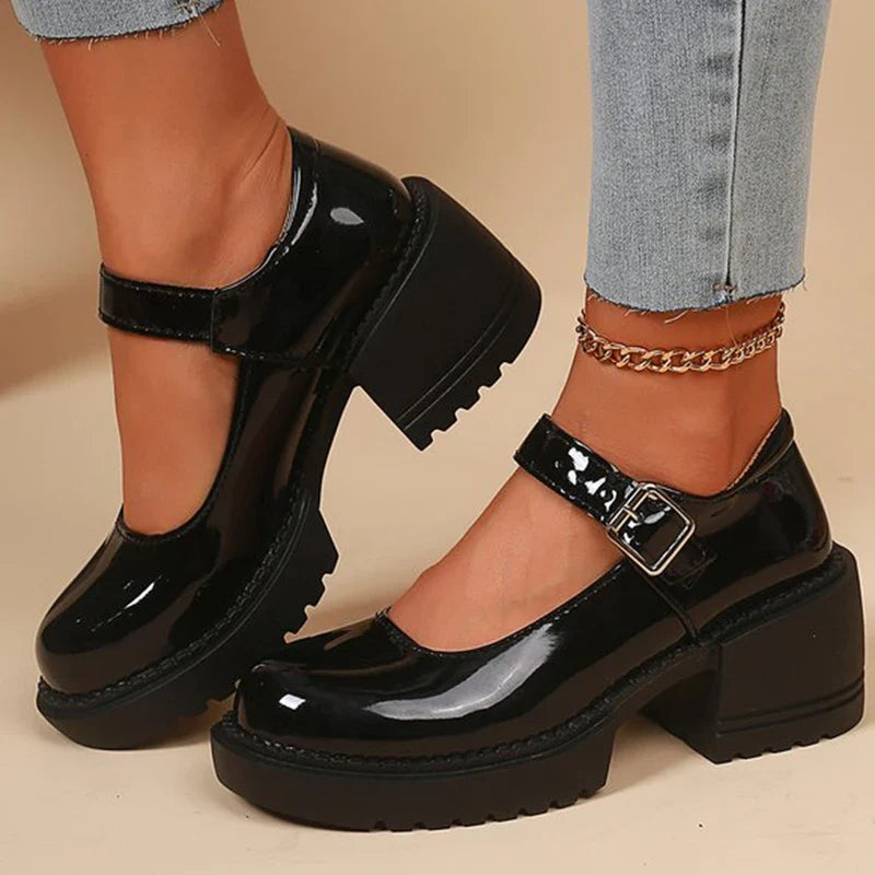 Elegant Adjustable Ankle Buckle Mary Jane Shoes Women Pu Leather Thick Heel Pumps Woman Round Toe Platform Casual Shoes Ladies