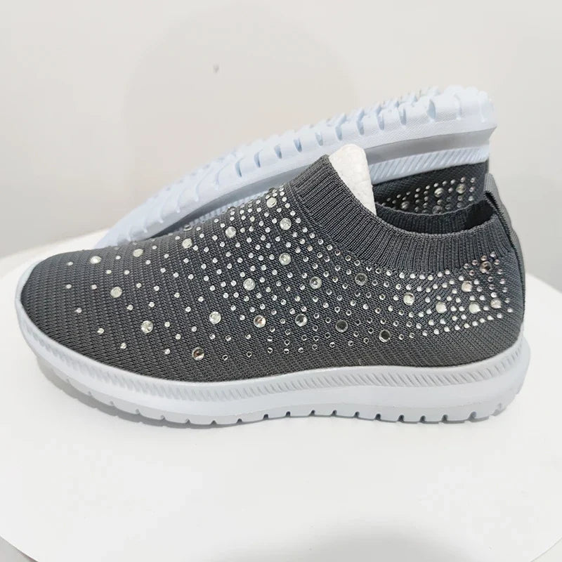 Women's Slip-On Crystal Sneakers 2025 Breathable Mesh Plus Size 35-43 Casual Flats Women Comfort Soft Sole Running Walking Shoes