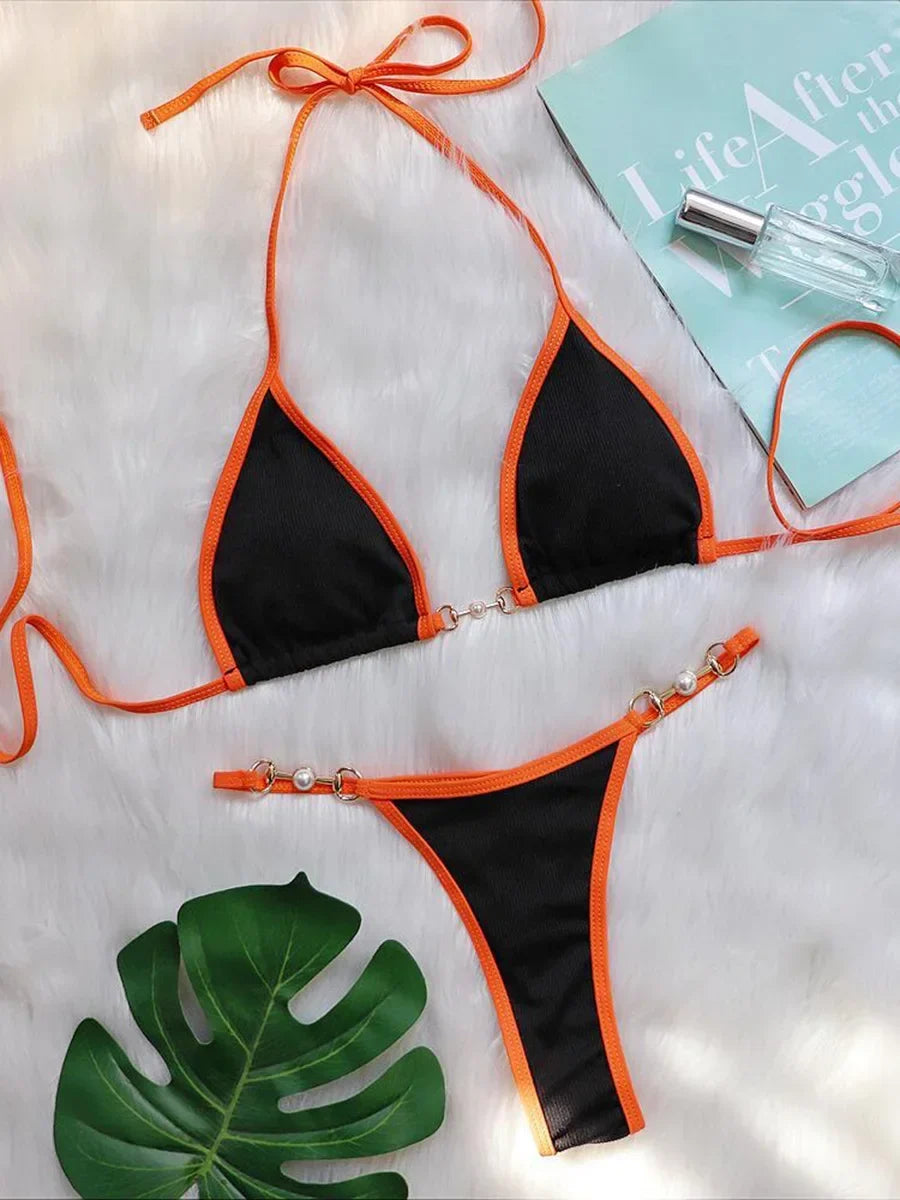 Sexy Halter Pearl Extreme Mini Micro Bikini Female Swimsuit Women Swimwear Two-pieces Bikini set Ribbed Bather Bathing Suit Swim
