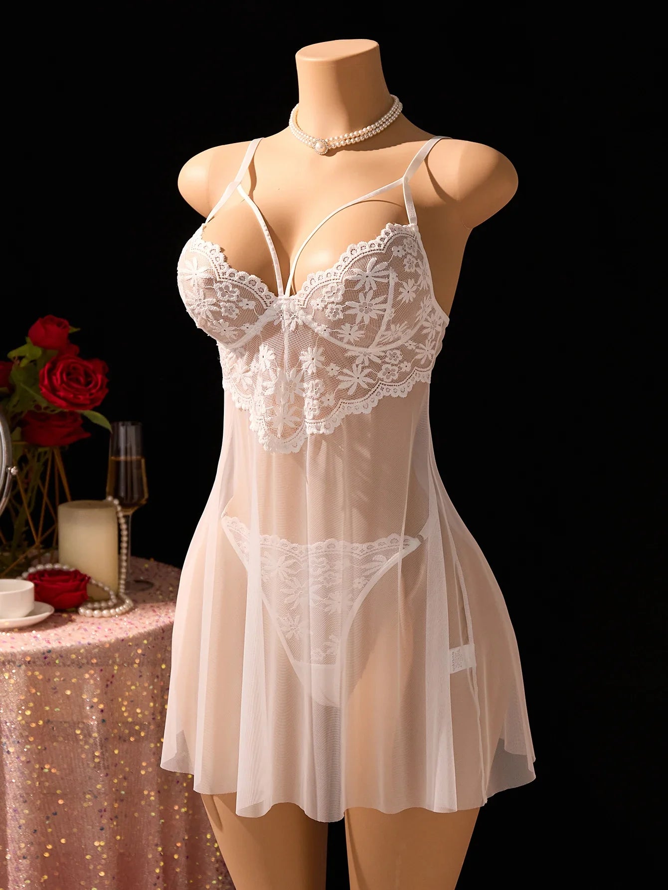 Pure white wedding-style lace net gauze nightgown set-French deep V cross straps sheer sexy pajama thong set for women ZA825096