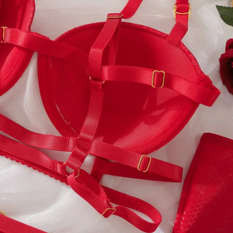 Toucheart Erotic Lingerie Hollow Seductive Shaping Bra Set Gathering Passionate Sexy Luxurious Intimate Underwear Four-piece Set