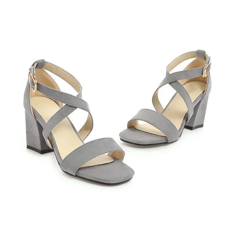 Big Size Casual Women Sandals Black Flock 7cm High Square Heels Peep Toe Summer Cross Buckle Strap Party Office Red Lady Sandals