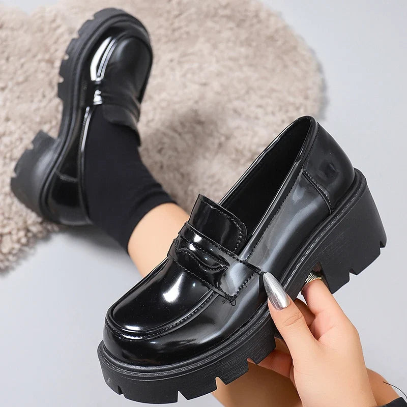 British Style Thick Heels Loafers Women Fashion Slip On Chunky Platform Pumps Woman Plus Size 35-42 Pu Leather Student Shoes