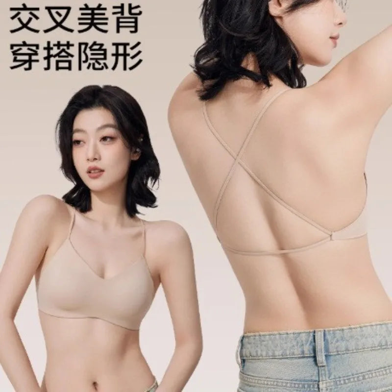 Japanese Style Strapless Bra Halter Top for Women with Push Up Pads Backless Cross Back One Piece Bandeau Comfortable Seamless