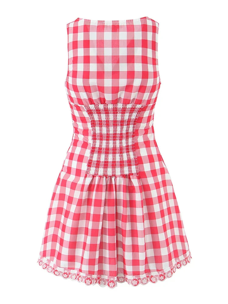 Foridol Plaid Printed Red Women's Dresses White Cotton V Neck Short Party Summer Dress New in Vintage Beach Mini Dress