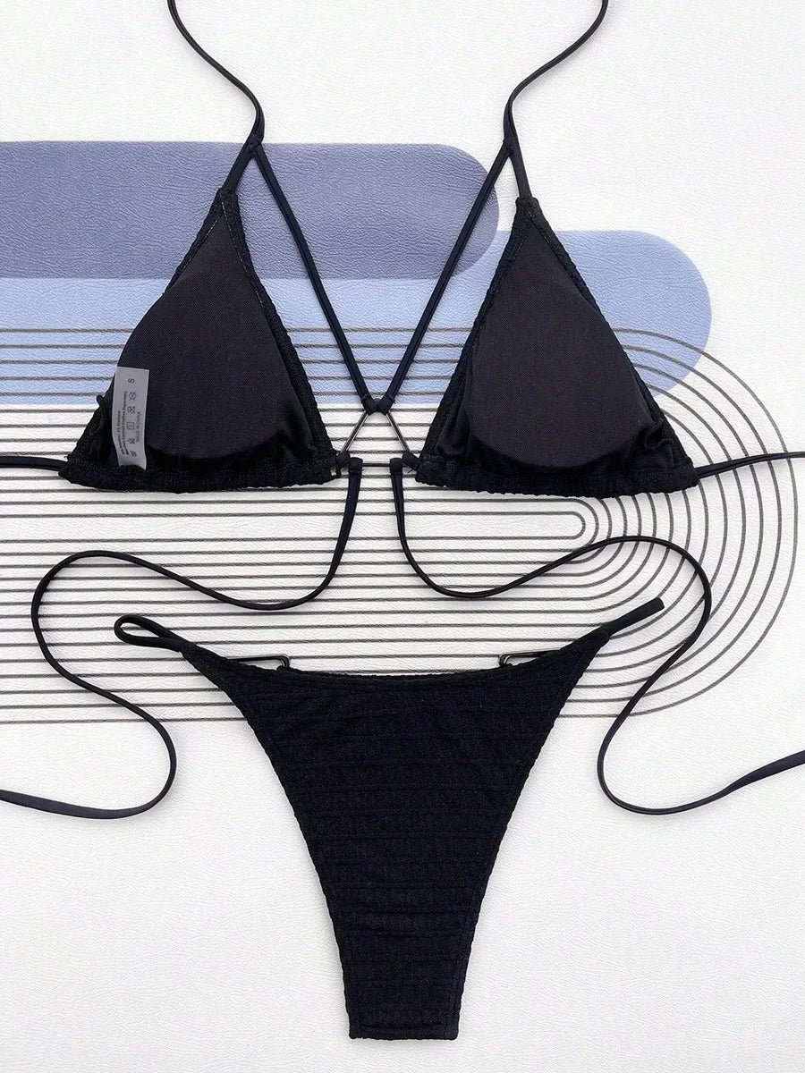 Sexy Wrinkled Halter High Cut Bikini Female Swimsuit Women Swimwear Two-pieces Bikini set Hollow Out Bather Bathing Suit Swim