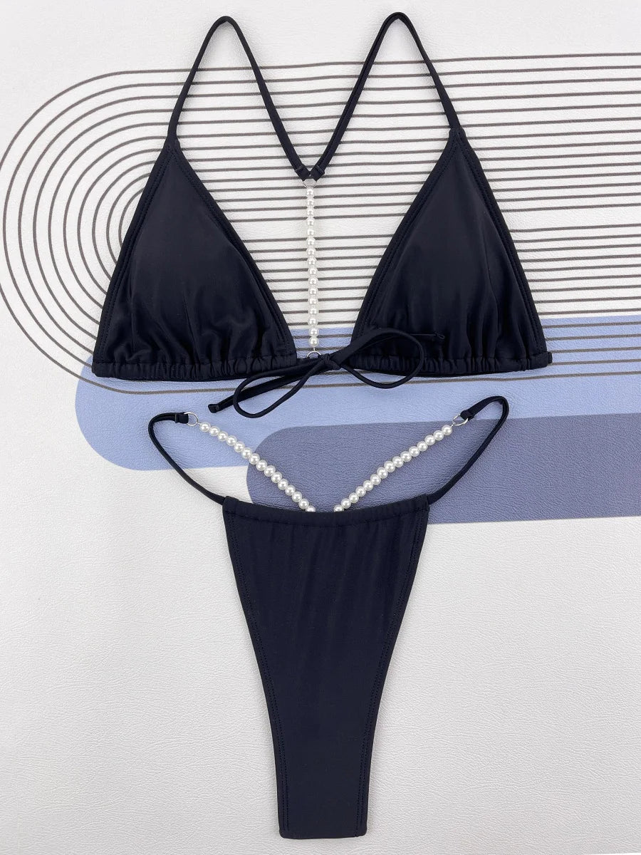 Sexy Pearl Bikinis Extreme Mini Micro String Bikini Female Swimsuit Women Thong Swimwear Two-pieces Bikini Set Bathing Suit Swim