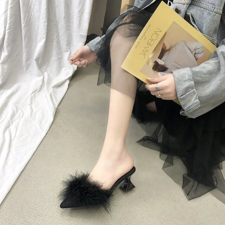 Women's Half Slippers New Summer Sexy Pointed Temperament High-heeled Slippers Female Fashion Furry High Heels Solid Slides
