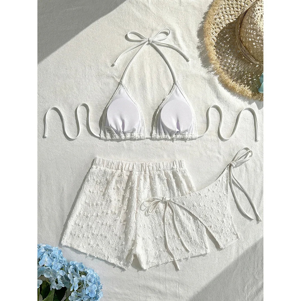 4 Colors Sexy Halter Bikini Female Swimsuit Three-pieces Bikini set With Shorts Women Swimwear Bather Bathing Suit Swim V7843W