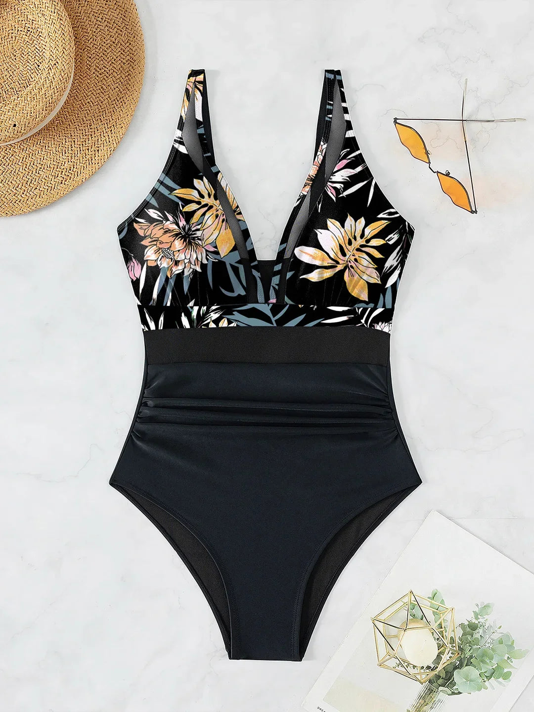 S - XL New Sexy Mesh Sheer V Neck Women Swimwear One Piece Swimsuit Female High Leg Cut Monokini Bather Bathing Suit Swim V5136
