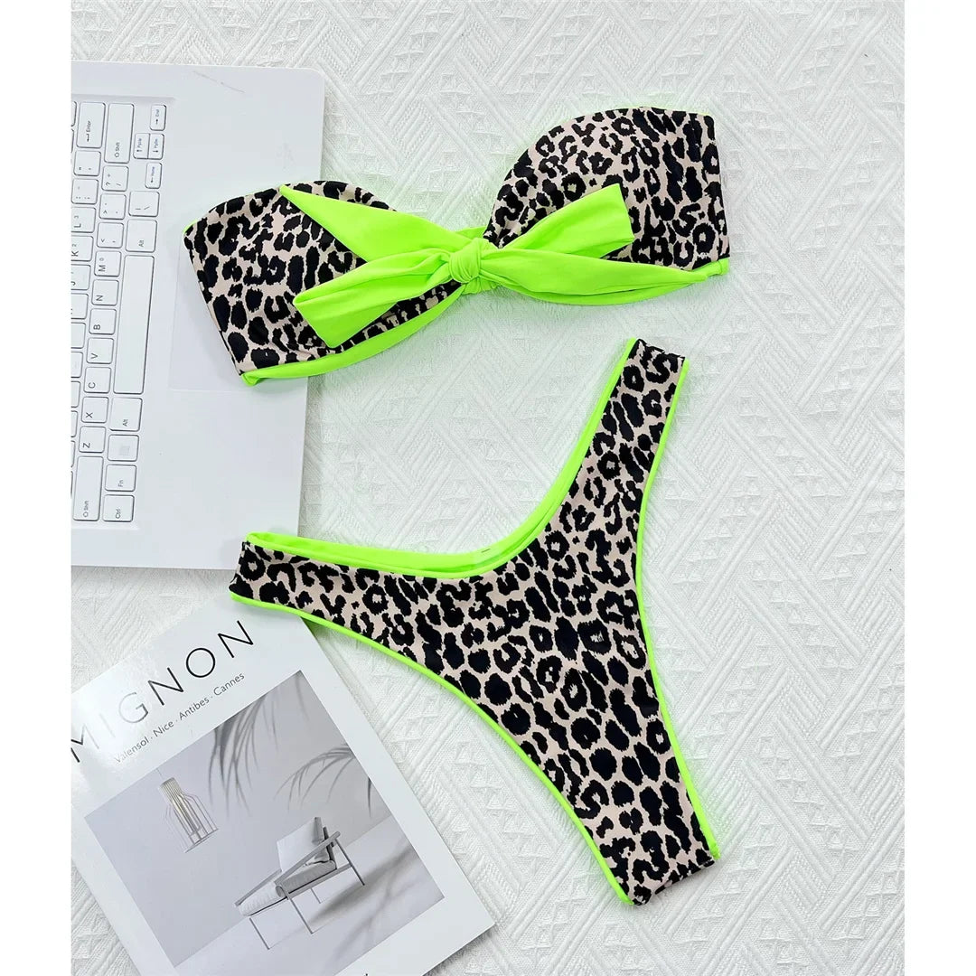 Sexy Bandeau Knotted Splicing Leopard Bikini Women Swimwear Female Swimsuit Two-Pieces Bikini Set Bather Bathing Suit Swim V4179