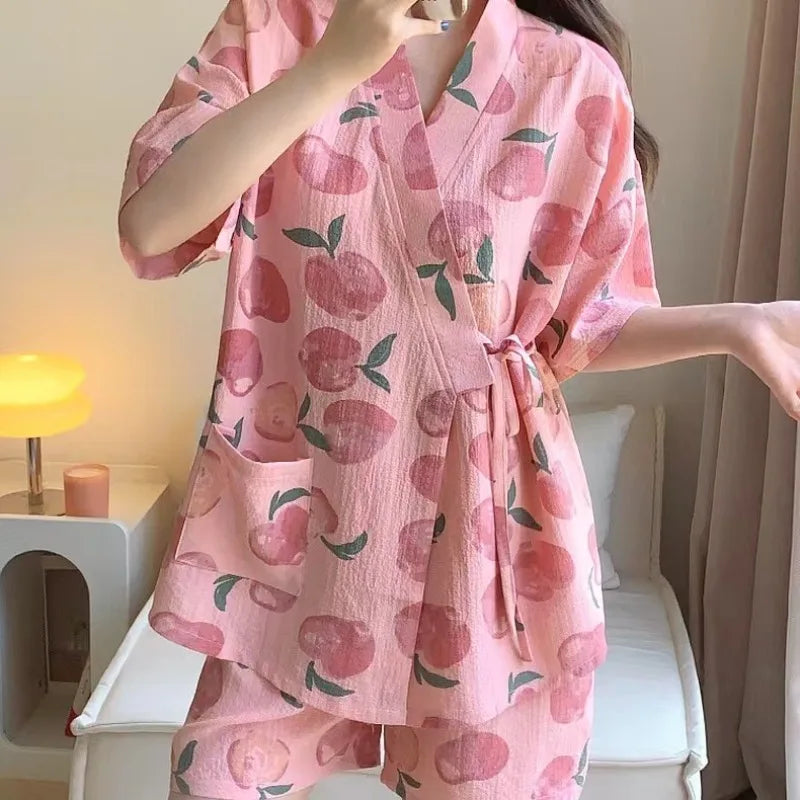 Womens Nightwear Loungewear Kimono Pajamas Student Short Sleeves Shorts Peach Print Tops and Pants Set Sleepwear Comfortable