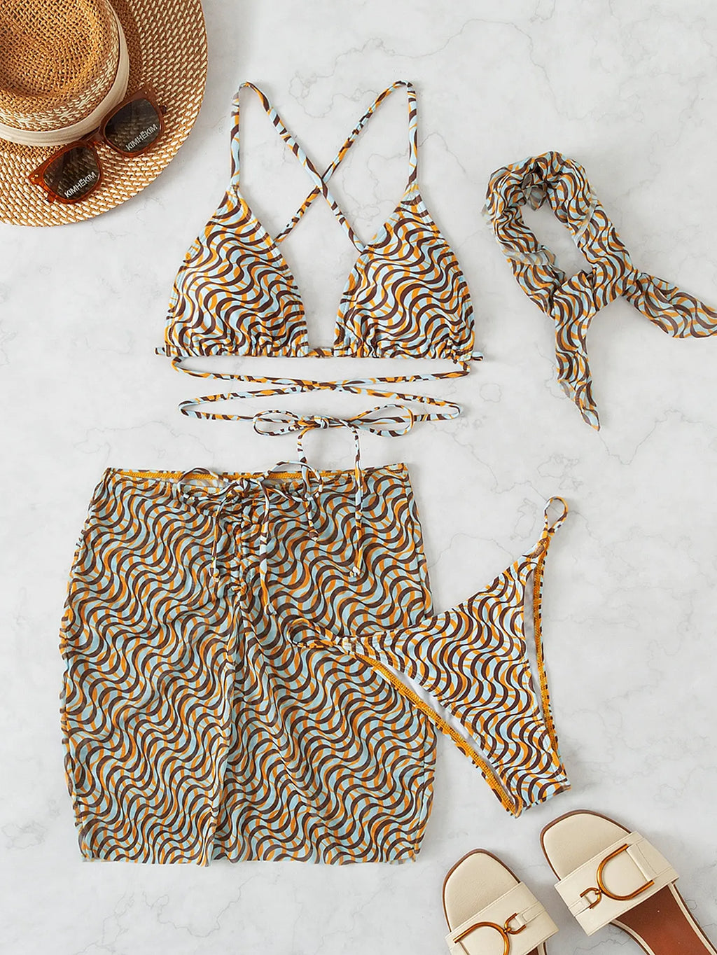 4 Pieces Lace Up Triangle Bikini Set Swimsuit With Bandana & Beach Skirt Sexy Swimwear Women 2026 Bathing Swimming Suit Female