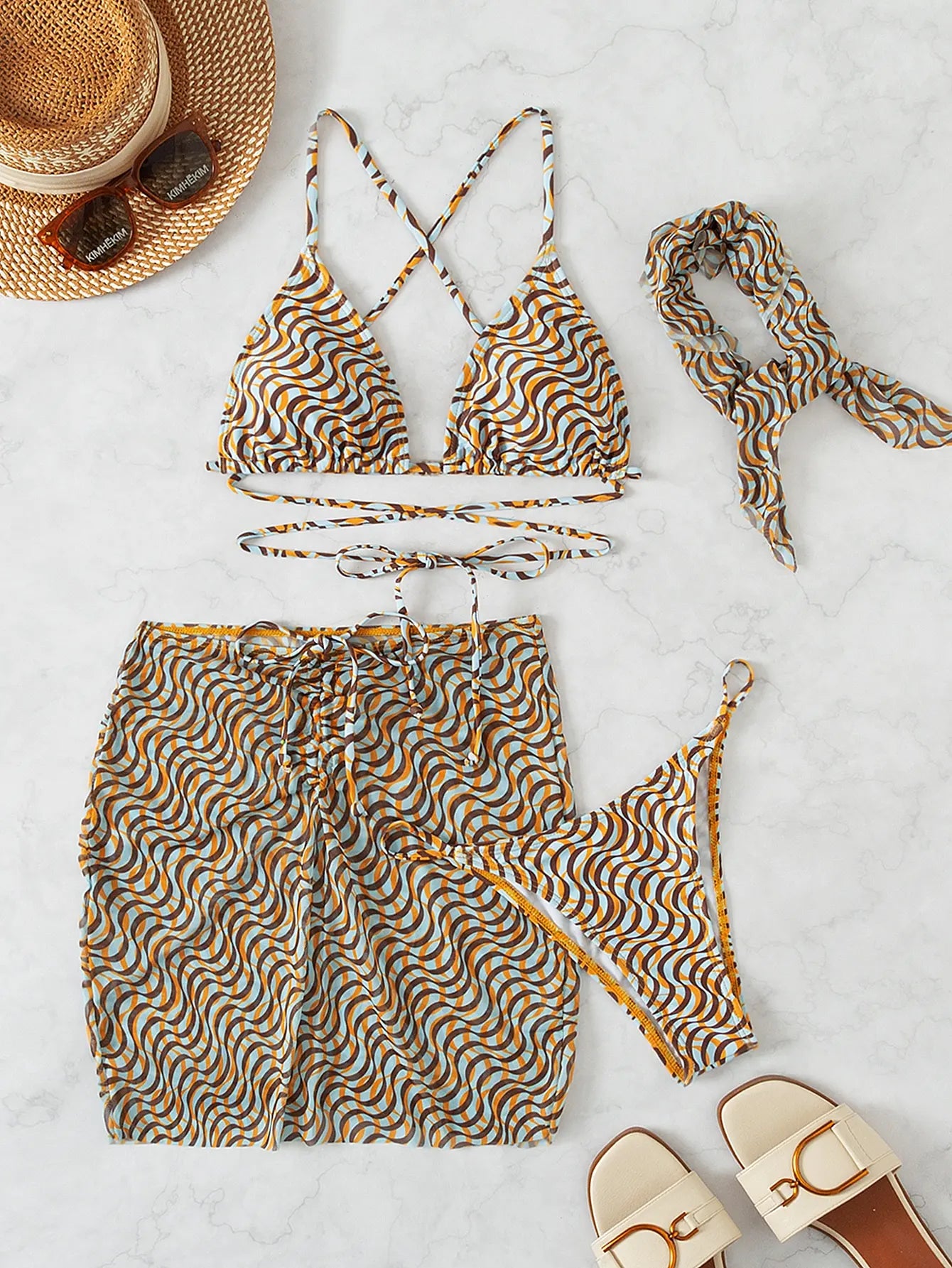 4 Pieces Lace Up Triangle Bikini Set Swimsuit With Bandana & Beach Skirt Sexy Swimwear Women 2026 Bathing Swimming Suit Female