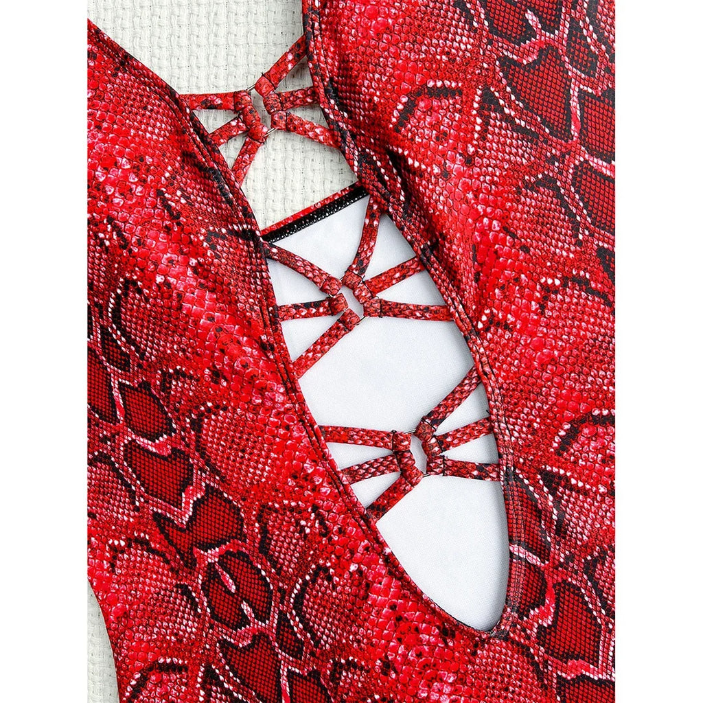 New Sexy Snake Skin Halter Monokini Women Swimwear One Piece Swimsuit Female Tummy Cut Out Bather Bathing Suit Swim Lady V3056