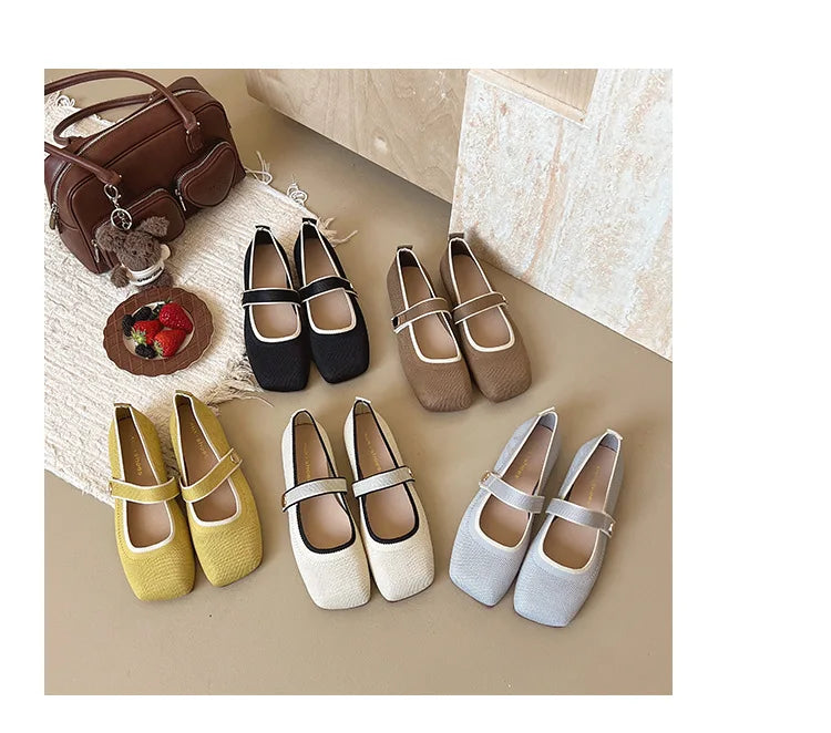2026 New Mary Jane Shoes Woman Summer Autumn Leisure Flats Breathable Knitted Square Toe Female Daily Walking Driving Flat Shoes