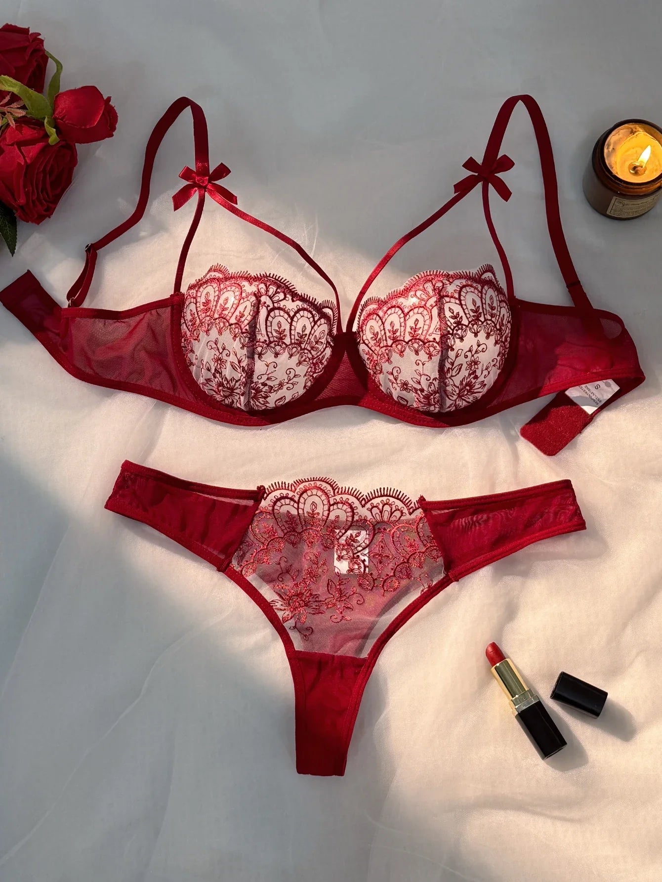 WineRed French-style floral embroidery lace lingerie set, sexy see-through padded support, Valentine's Day party ZA824057