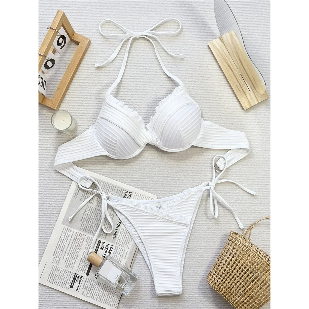 New Halter Frilled Underwired Bra Cup Bikini Women Swimwear Female Swimsuit Two-pieces Bikini set Bather Bathing Suit Swim K5837