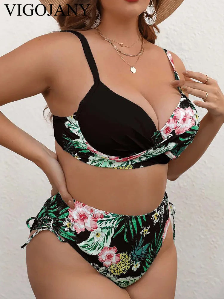 VigoJany 2026 Patchwork Strapped 2 Piece Plus Size Bikini Women High Waist Push UP Swimsuit Backless Beach Chubby Bathing Suit