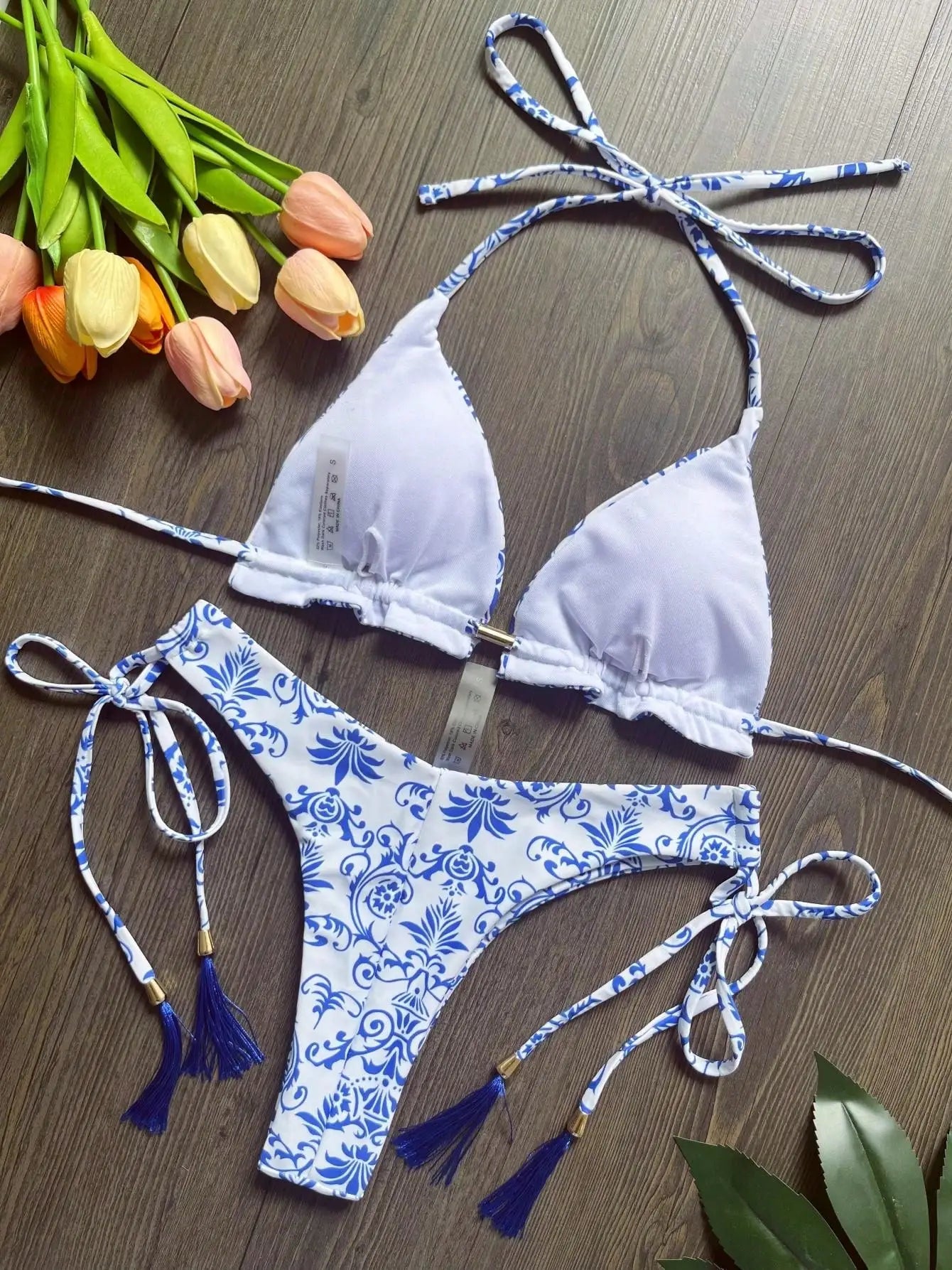 Sexy print women's bikini swimsuit split set with straps and tassels 2-piece set for summer beach swimsuit