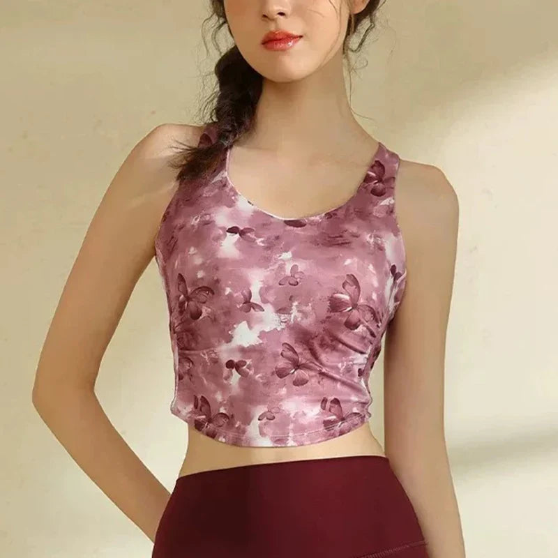 Women's Elegant Printed Yoga Sports Vest Shock Resistant Fitness Outerwear Beautiful Back Cross Shaped Design