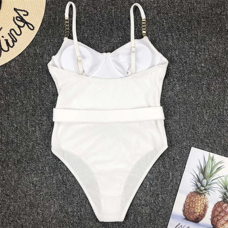 Ribbed Push up Underwired Metal Chain Women Swimwear One Piece Swimsuit Female Waist Belt Monokini Bather Bathing Suit Swim Lady