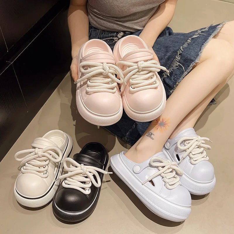2025 DIY Laceup Platform Slippers For Women Home Street Garden Shoes Thick Sole Fashion Clogs Girls Summer Sandals Beach Slides