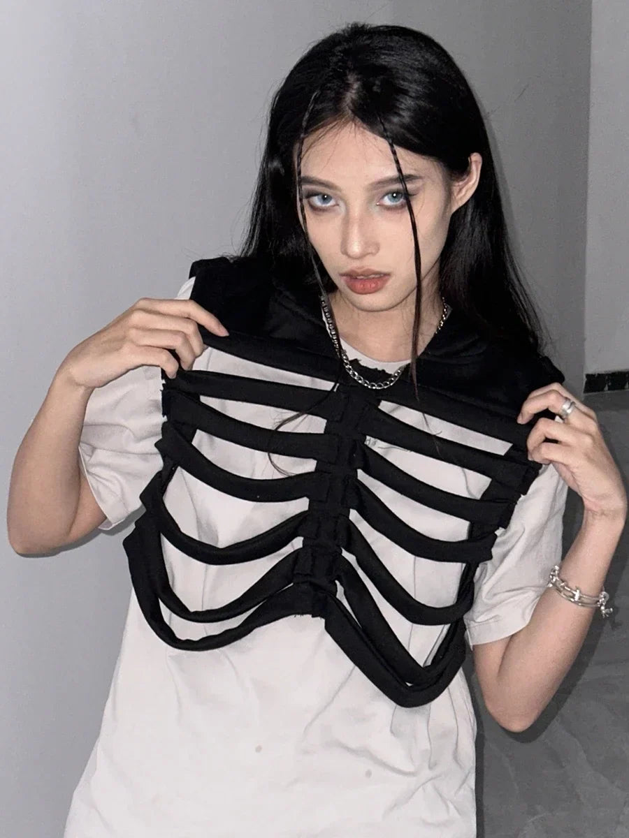Women Gothic Vest Coat Hollowed Skeletal Gilet Hoodie Sleeveless Hooded Waistcoat Streetwear for Party