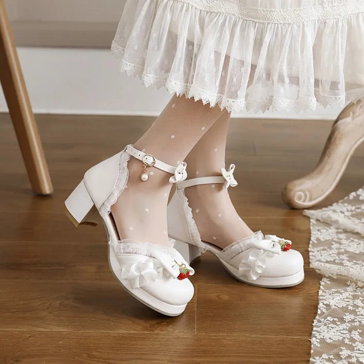 Women's White Pink Bowknot Single Sandals Ruffles High Heels Girls Student Mary Janes Lolita Party Dress Shoes Size 32-48 French