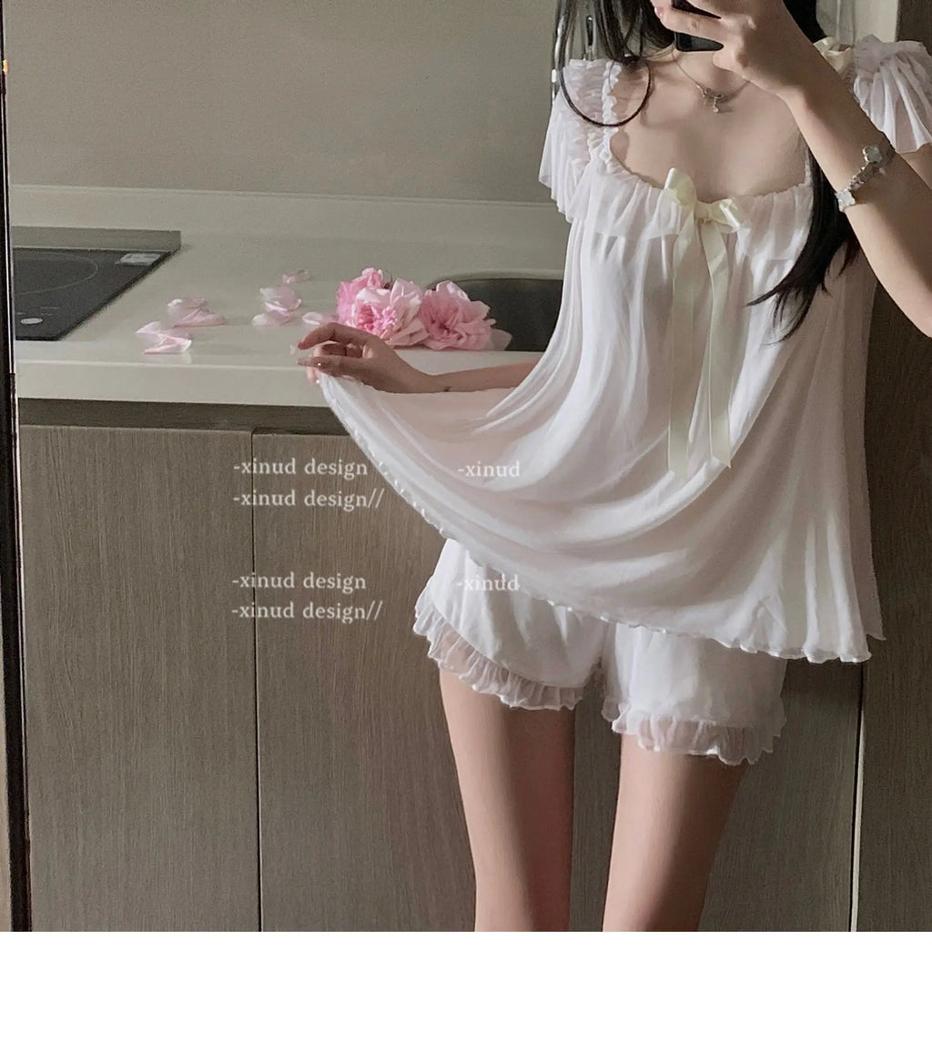 High-quality Set French Sweet Bow Strap Summer Princess Girl Style Thin Square Neck Crop Tops Pink Clothes Outfits For Women 8BH