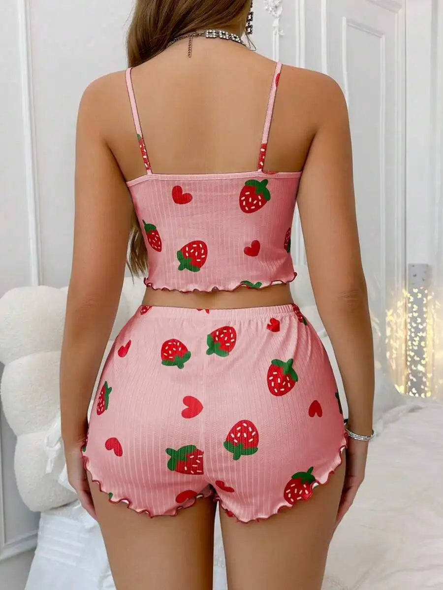 Summer Strawberry Print 2PCS Pajama Set Women's Casual Sleepwear Suspender Crop Tops and Shorts Comfortable Home Wear