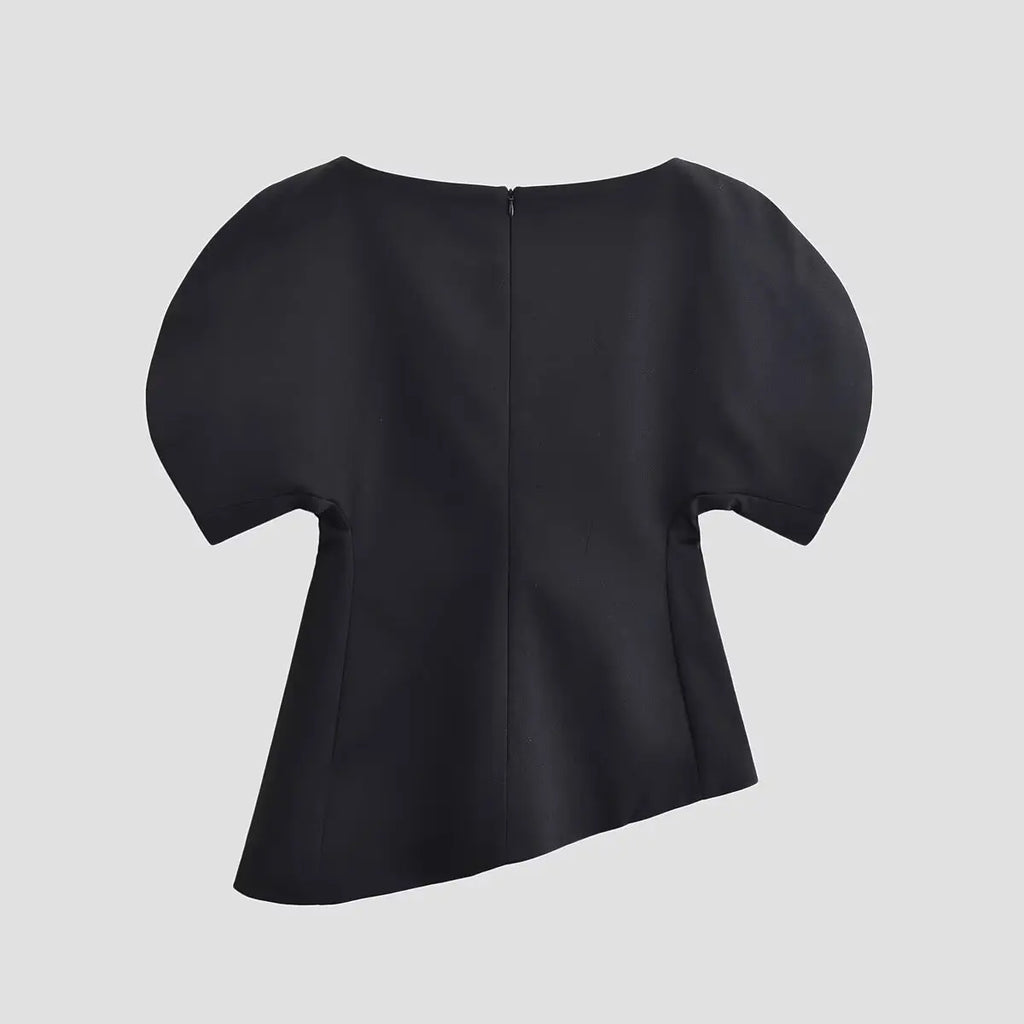 Women's Fashion Casual Short Sleeve Top Women Solid Black Boat Neck Puff Sleeve Hem Top Slim Fit Casual Blouse For Party 0PX4