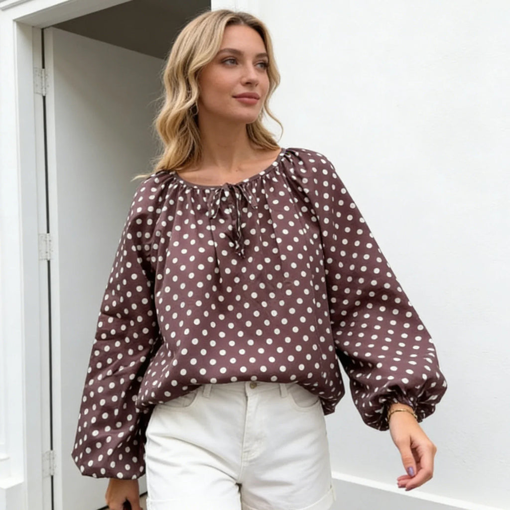 Women Puff Long Sleeve Crew Neck Spring Fall Tops Fashion Dot Print Casual Loose Fit Flowy Blouse