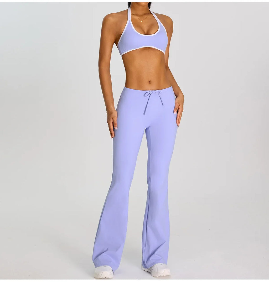 Breathable Yoga Suit for Women Color Contrast Shockproof Sports Bra Drawstring High Waist Pants Gym Running Fitness Suits