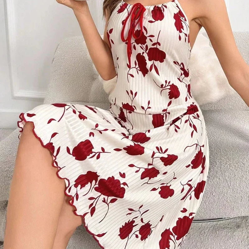 Women's Printed Knitted Ribbed Nightgown Women's Long Casual Backless Ice Silk Printed Sleeveless Suspender Sexy Nightgown