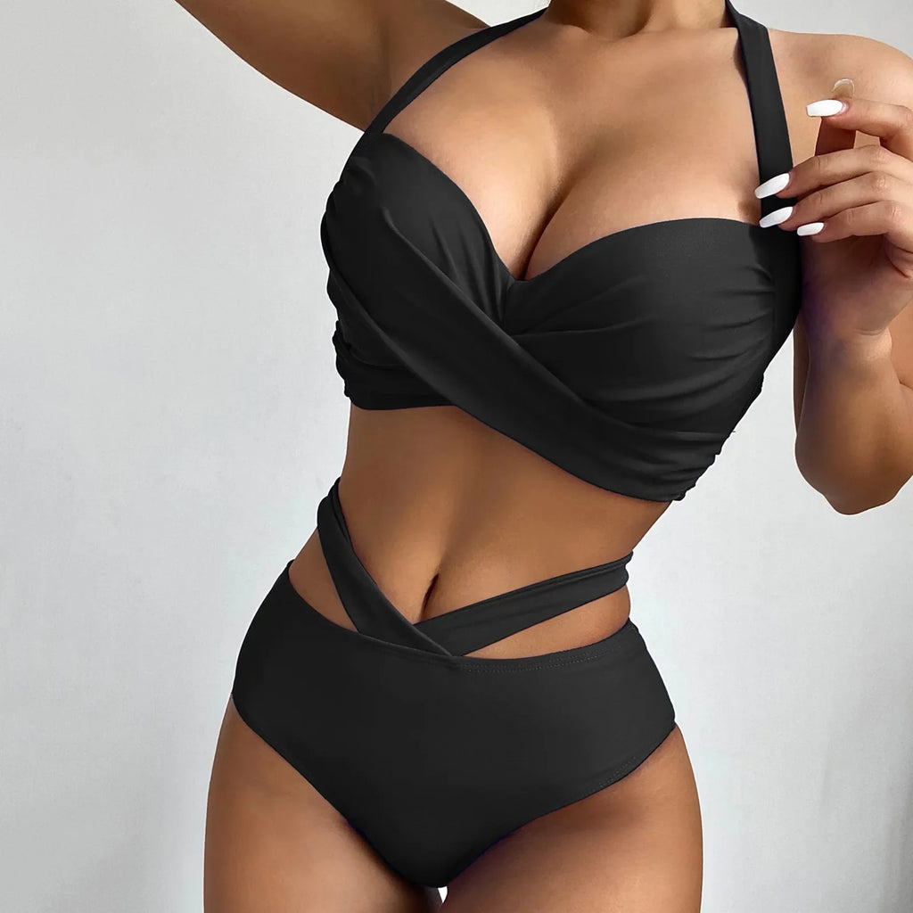 Sexy Push Up Bikinis 2026 Women High Waist Swimsuit Solid Halter Swimwear Female Bathing Suit Swimming Summer Beachwear XXL