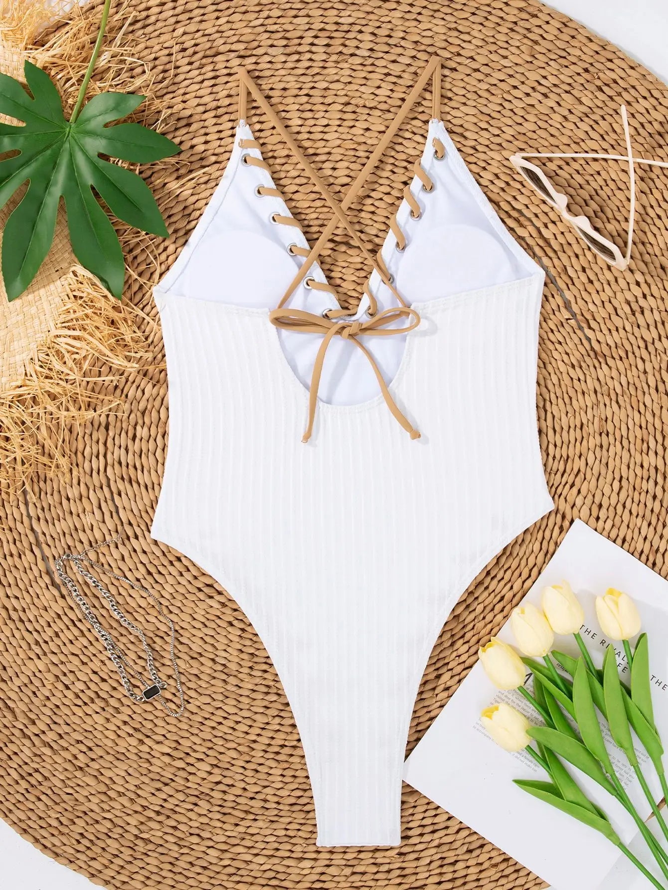 V Neck Wrinkled Ribbed Cross Backless One Piece Swimsuit Women Swimwear Female High Leg Cut Monokini Bather Bathing Suit Swim