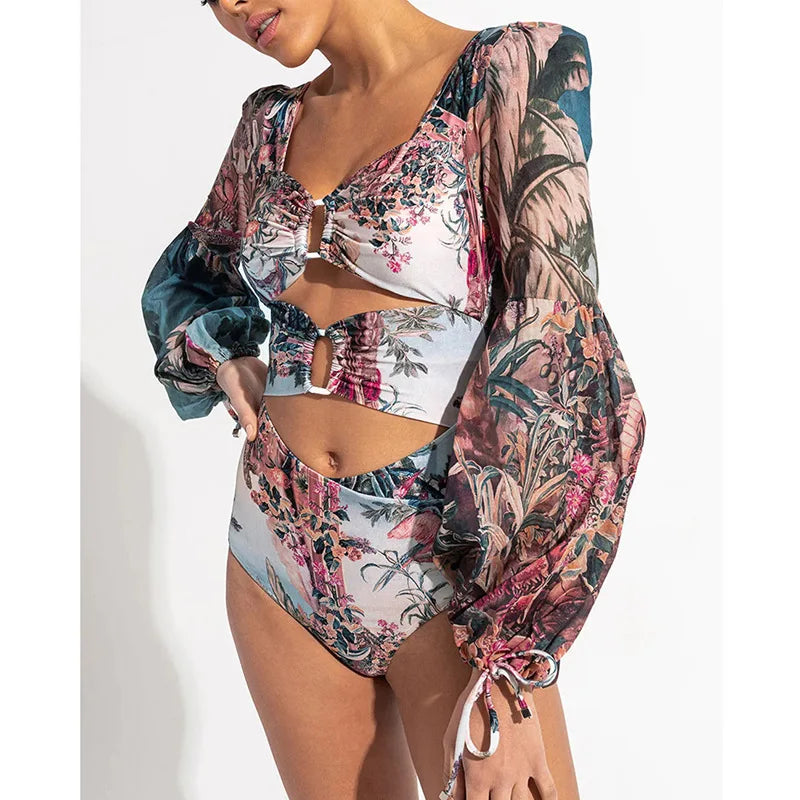 One Piece Swimsuit Sexy Long Sleeve Tropical Print Swimwear Women Bandage Monokini Hollow Out Bathing Suit String Beachwear 2023