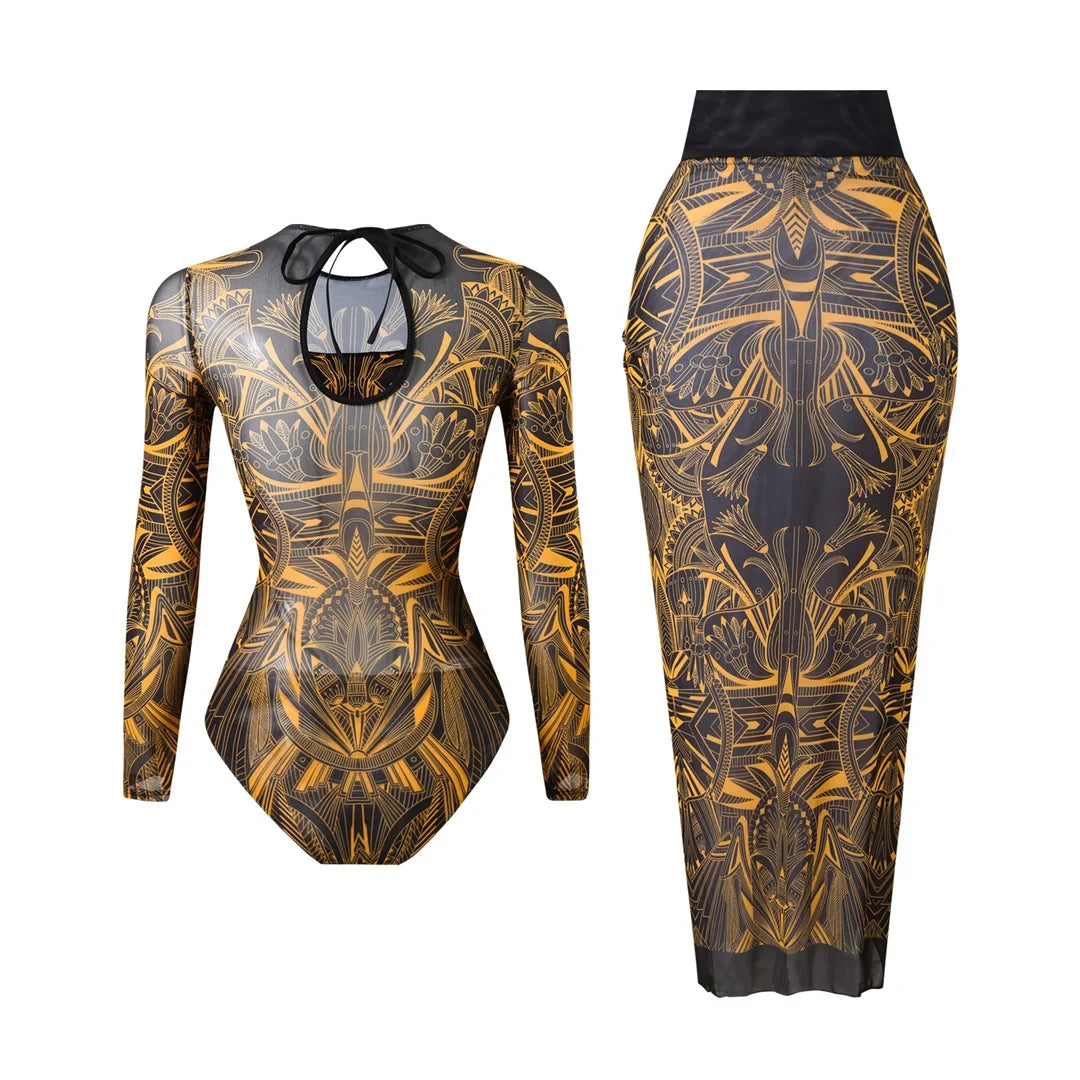 S - XXL Printed Long Sleeve With Sarong One Piece Swimsuit Women Swimwear Female Flowers Padded Bather Bathing Suit Swim V7181