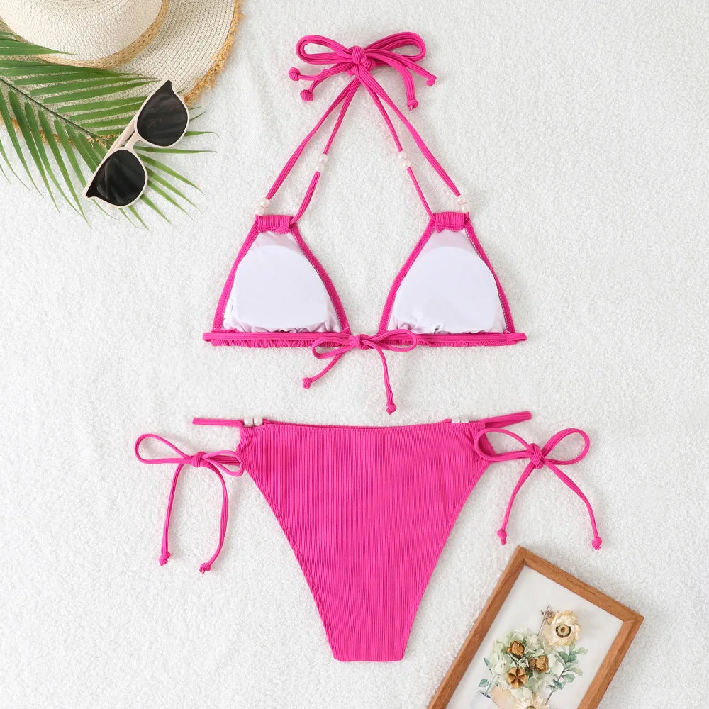 Sexy Orange Bikini 2025 Women Pearls Strap Push Up Drawstring Side Thong Swimsuit Luxury Lace Up Beach Bathing Suit Swimwear