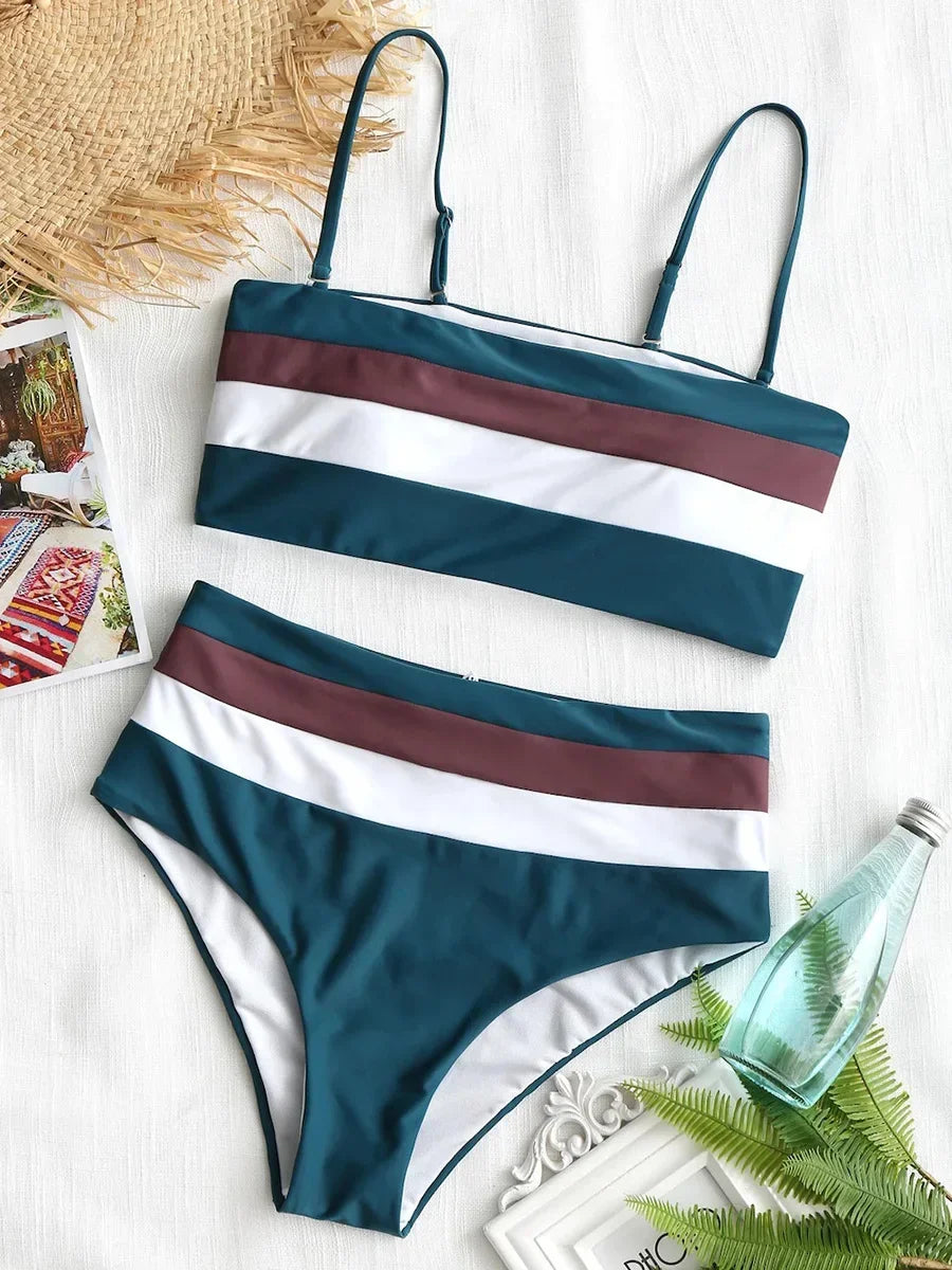 Sexy Striped Bandeau Bikini High Waist Swimsuit Women Swimwear Female Two Pieces Bikini Set Bather Bath Swimming Suit Beachwear